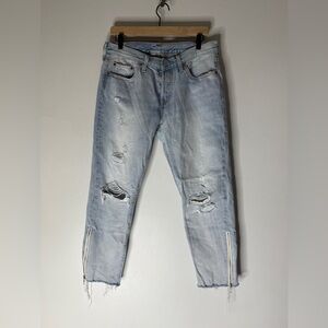 levis 501 distressed Zip‎ Hem Light Wash Jeans Size 29x26
